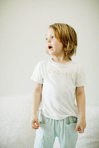 toddler boy playing and wearing chosen t shirt and euro joggers | Will & Ivey